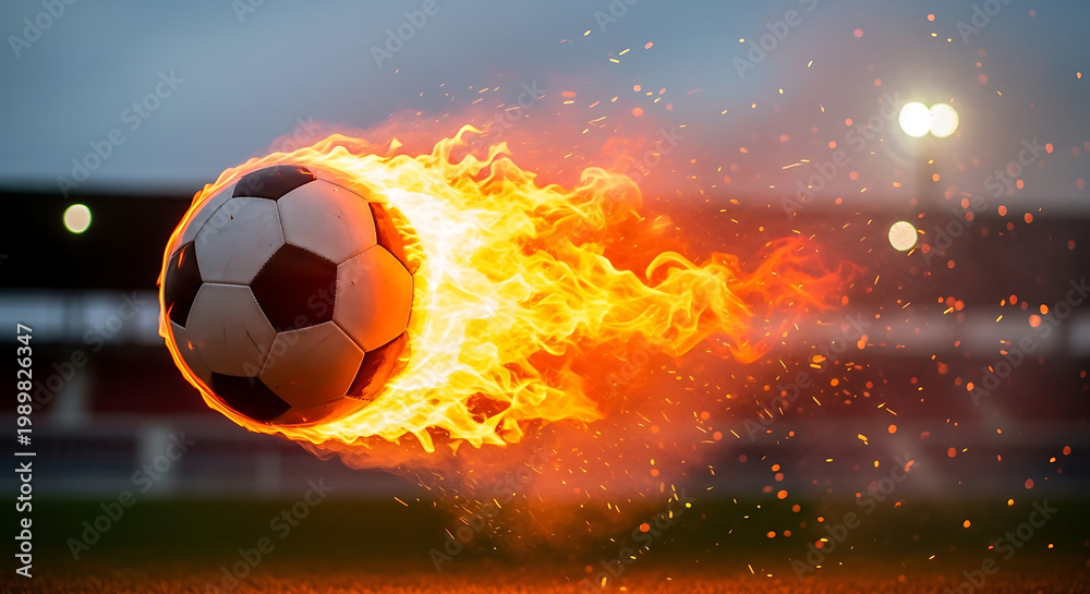 Naklejka premium A classic soccer ball ablaze with fire flies through a stadium at dusk.