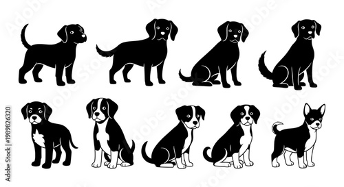 A collection of black and white dog silhouettes in various poses