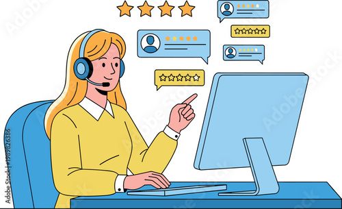 Illustration of Woman customer service representative working on computer
