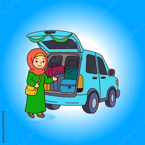 Cartoon woman in green dress loading colorful suitcases into car trunk