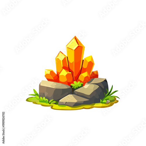 Cartoon orange crystal formation on grey rocks with green grass for game assets.