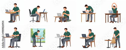 Minimalist Flat Illustration of Man Working at Desk in Different Poses