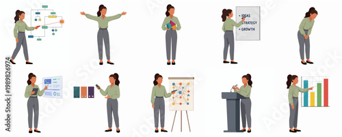 Flat Illustration Modern Businesswoman Character Set Presenting and Explaining Concepts in Business Activity