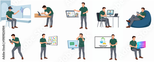 Flat Style Man Using Gadgets in Different Situations Illustration Set