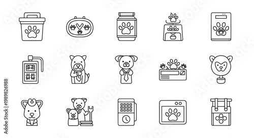 A collection of black and white line icons featuring pets and pet care