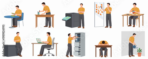 Flat Illustration Collection of Man Doing Various Activities in Office