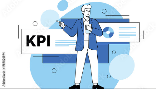 Illustration of Businessman presenting KPI metrics on screen