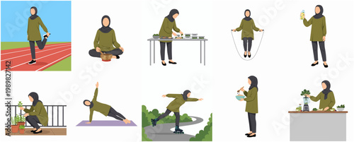Minimalist Flat Illustration Collection of Muslim Woman Practicing Diverse Healthy Lifestyle and Wellness Activities Set