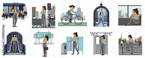 Flat Design Businesswoman Commuting with Public Transportation and City Illustration Set