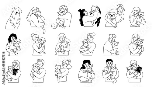 A collection of illustrations depicting people holding and cuddling their pets