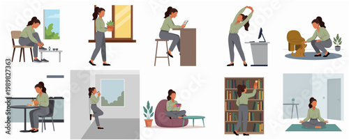 Flat Illustration Collection of Woman Doing Daily Activities at Home