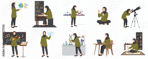 Flat Character Muslim Woman Doing Diverse Activities Education and Science Set