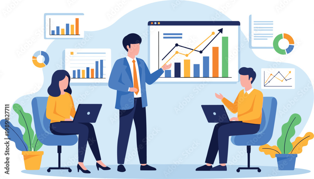Naklejka premium Illustration of Business team analyzing data on laptops and screen