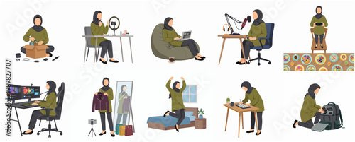 Flat Illustration Muslim Woman Lifestyle and Daily Activities Character Design Set