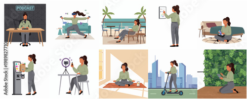 Diverse Lifestyle Illustration of a Young Woman in Different Daily Activities