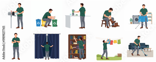 Set of Illustration Showing Man Performing Daily Household Chores and Activities