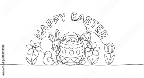 A happy Easter illustration with bunnies and decorated eggs