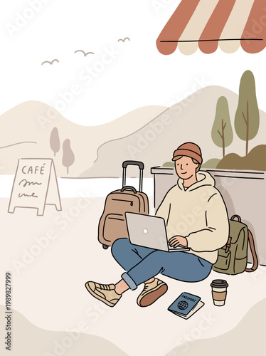 Man sitting with luggage and laptop at outdoor cafe taking a break on journey with travel bag and coffee enjoying scenic view. handdrawn naive
