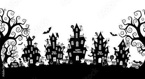 Halloween cemetery skyline illustration with haunted houses, jack-o-lanterns, bats and crows, trick or treat atmosphere