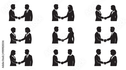 Business people shaking hands in groups.
