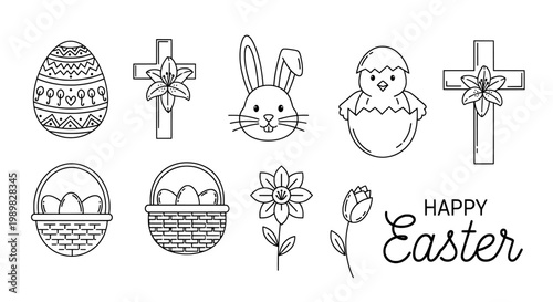 A black and white illustration of Easter themed icons and symbols