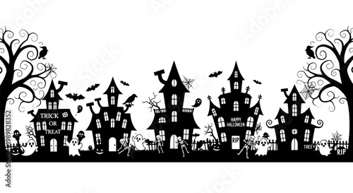 Halloween haunted house silhouette scene with bats, ghosts, pumpkins, and spooky graveyard shapes for festive banner design