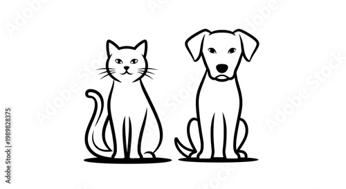 A black and white illustration of a cat and dog sitting together