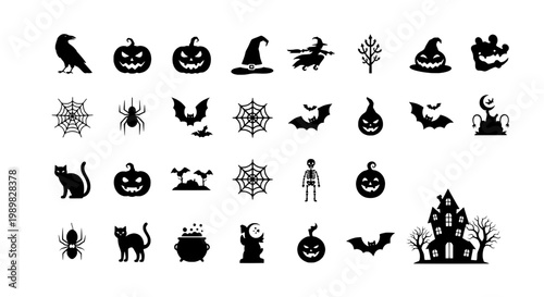 Halloween icons with bats, ghosts, pumpkins, witches, spiders, skeleton and haunted house for spooky vector sticker designs