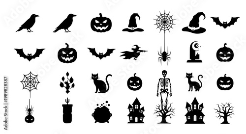 Halloween icons witch hat cat pumpkin bats spider web graveyard silhouette set for spooky party graphics
