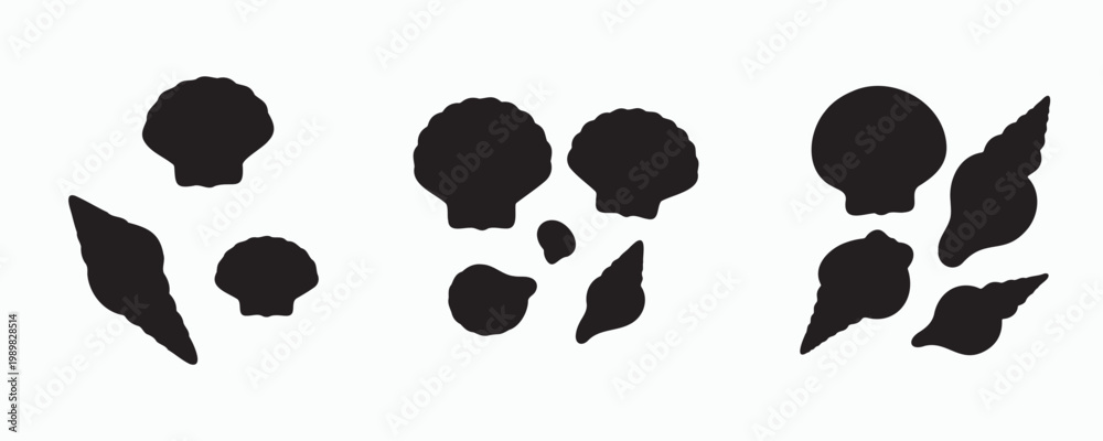 Fototapeta premium Black silhouettes of various seashell outlines arranged in sets, minimal marine illustration featuring shell shapes on a clean background, ideal for coastal, ocean, and beach-themed designs.