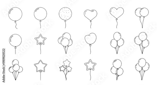 Balloons thin line icon set with heart and star shapes, minimal outline drawing for birthday party and celebratory designs