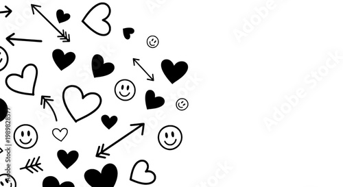 Hearts doodle with arrows and smiley faces, hand drawn scribble style icon set for love, chat, and social media backgrounds