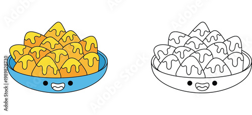 Cute kawaii nachos bowl cartoon vector illustration. Colored and black and white outline coloring page for kids.