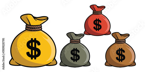 Cartoon money bag vector set featuring dollar signs, colorful finance sacks in yellow, red, and brown burlap styles, business banking icons for modern financial illustration.