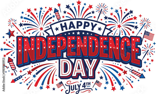 Happy Independence Day July 4th Celebration with Fireworks and American Flags