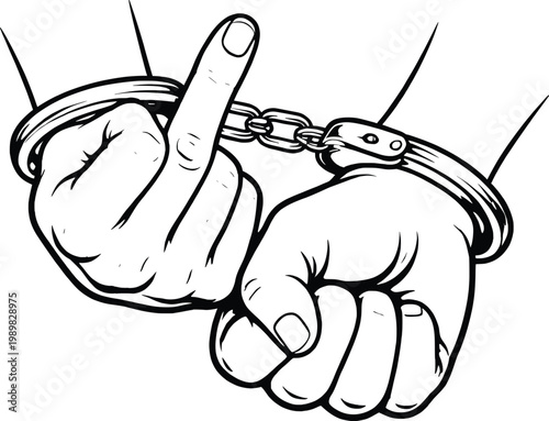 Handcuffed Hands Showing Middle Finger Rebellion Vector Line Art Illustration.