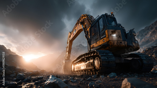 A heavy construction vehicle operates in a rugged mining environment long title A powerful excavator or front end loader navigates through a