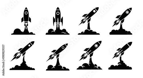 Rocket Launch Collection: Set of 8 Icons Showing Spacecraft Takeoff and Ascent