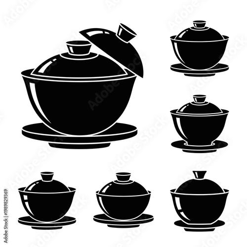 Set of Black and White Chinese Tea Bowls with Lids and Saucers, Icon Style
