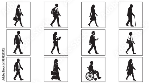 People Walking in Various Poses Silhouettes.