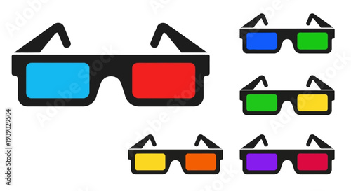 3D Glasses Icons Set, Anaglyph Glasses, Red Blue Green Yellow Purple Lenses