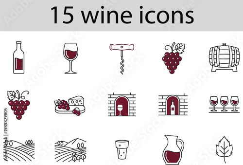 15 Wine related icons set bottles glasses grapes and cellar elements