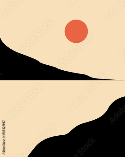Soft sun hangs above a quiet, minimalist horizon. Black shapes echo distant hills and valleys. Creamy tones suggest peace, stillness, and calm. Abstract design invites contemplation, quiet reflection