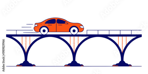 Orange car with speed lines rapidly driving across a modern arch bridge symbolizing fast travel and movement flat design white background design element transport movement automobile isolated