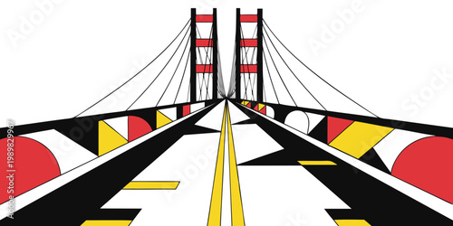 Geometric abstract design of a suspension bridge with a road trip flat design straight road architecture geometric abstract illustration perspective cityscape transport infrastructure