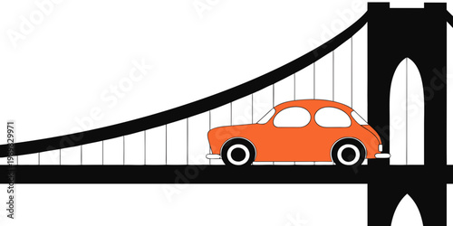 Simple graphic illustration of a vintage style orange car driving on a dark suspension bridge with flat design white background design element old fashioned transport automobile movement