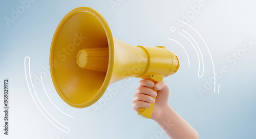 A bright yellow megaphone emitting sound waves held by a hand on transparent background