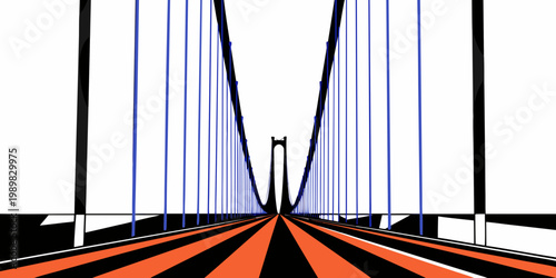 Stylized perspective of a suspension bridge with orange and black striped road flat design vanishing point road trip automotive theme architecture perspective abstract geometric illustration