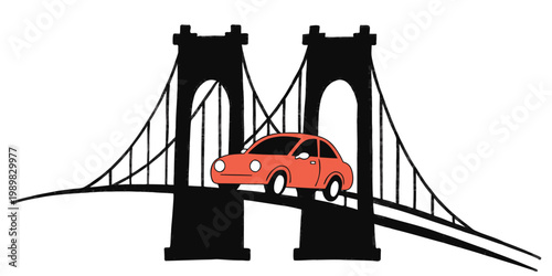 Stylized red car crossing a suspension bridge with two large towers road trip transport crossing architecture cityscape transportation automotive automobile silhouette illustration abstract