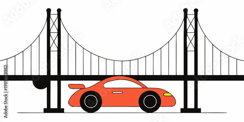 Orange sports car driving under a modern suspension bridge with modern architecture flat design transport architecture infrastructure illustration automotive automobile transportation